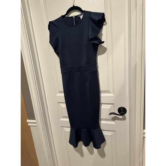 Elegant Navy Blue Ruffle Hem Sheath Dress by Venus XS - Picture 14 of 15